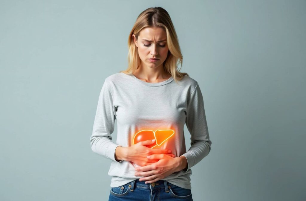 Diagram showing the liver and common symptoms of liver damage such as jaundice, fatigue, and swelling.