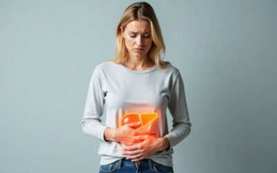 Diagram showing the liver and common symptoms of liver damage such as jaundice, fatigue, and swelling.