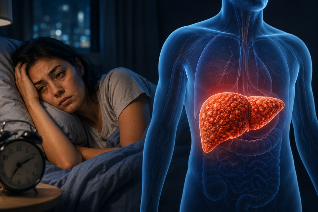 Woman struggling with poor sleep while holding her stomach showing liver health problems caused by sleep deprivation