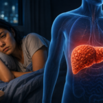 Woman struggling with poor sleep while holding her stomach showing liver health problems caused by sleep deprivation
