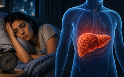 Woman struggling with poor sleep while holding her stomach showing liver health problems caused by sleep deprivation