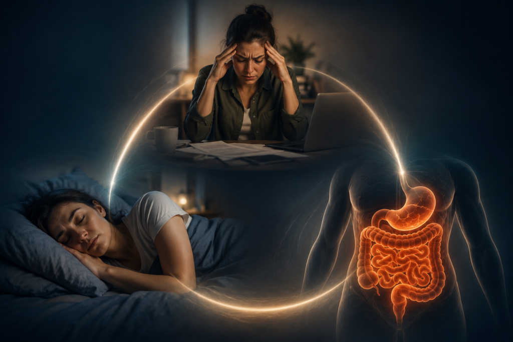 Stressed working professional suffering from stomach pain and poor sleep showing the connection between stress sleep and digestion