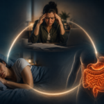 Stressed working professional suffering from stomach pain and poor sleep showing the connection between stress sleep and digestion