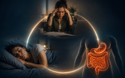 Stressed working professional suffering from stomach pain and poor sleep showing the connection between stress sleep and digestion