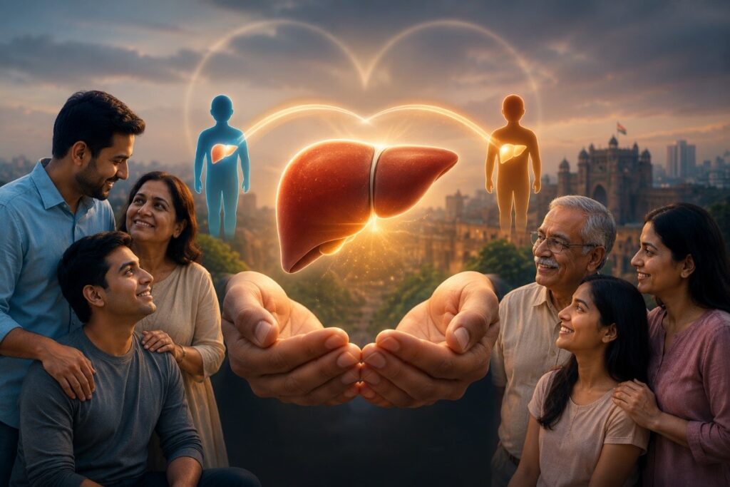 Family discussing living donor liver transplantation with a specialist, highlighting organ donation, transplant evaluation, and hope for liver disease patients.