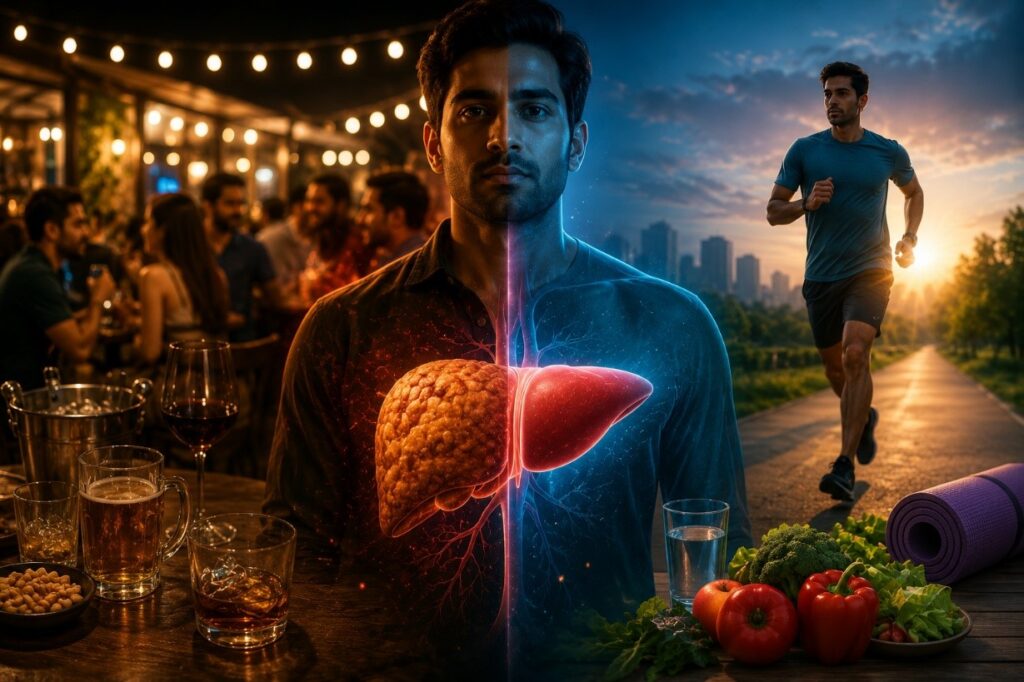 Friends enjoying alcoholic drinks at a rooftop restaurant while a highlighted liver graphic illustrates the long-term effects of social drinking on liver health.