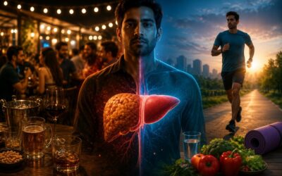 Friends enjoying alcoholic drinks at a rooftop restaurant while a highlighted liver graphic illustrates the long-term effects of social drinking on liver health.