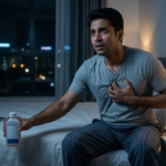 Pune IT professional experiencing chest discomfort at night while working on a laptop, illustrating the confusion between heartburn, acid reflux, and heart-related chest pain.