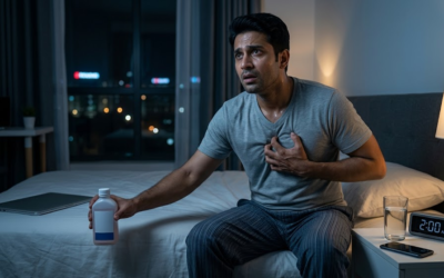 Pune IT professional experiencing chest discomfort at night while working on a laptop, illustrating the confusion between heartburn, acid reflux, and heart-related chest pain.