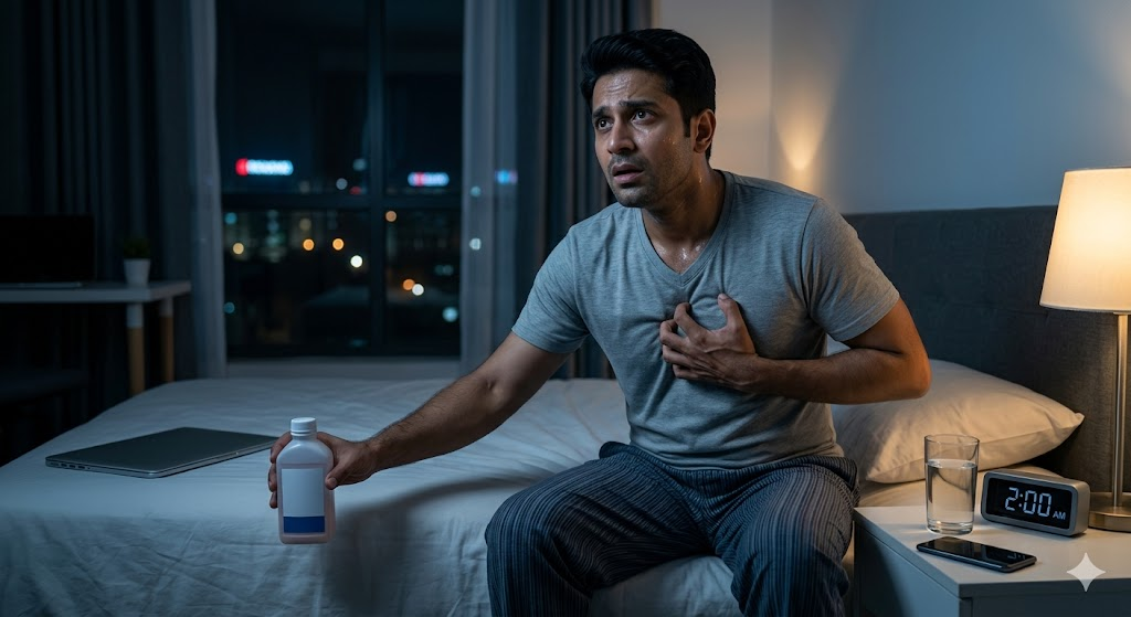 Pune IT professional experiencing chest discomfort at night while working on a laptop, illustrating the confusion between heartburn, acid reflux, and heart-related chest pain.