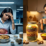 Night shift worker in Pune eating a healthy meal during an overnight shift, highlighting gut health, digestion, acidity, and bloating challenges faced by shift workers.