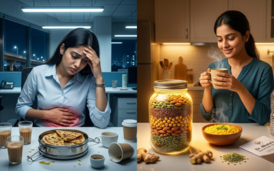 Night shift worker in Pune eating a healthy meal during an overnight shift, highlighting gut health, digestion, acidity, and bloating challenges faced by shift workers.