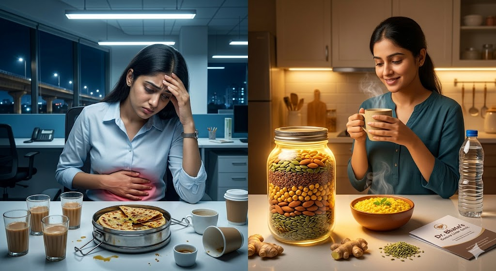 Night shift worker in Pune eating a healthy meal during an overnight shift, highlighting gut health, digestion, acidity, and bloating challenges faced by shift workers.