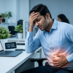 Stressed IT professional experiencing stomach pain before a performance appraisal, illustrating stress-induced IBS, anxiety-related digestive symptoms, and the brain-gut connection.