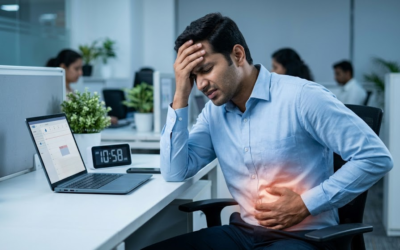 Stressed IT professional experiencing stomach pain before a performance appraisal, illustrating stress-induced IBS, anxiety-related digestive symptoms, and the brain-gut connection.