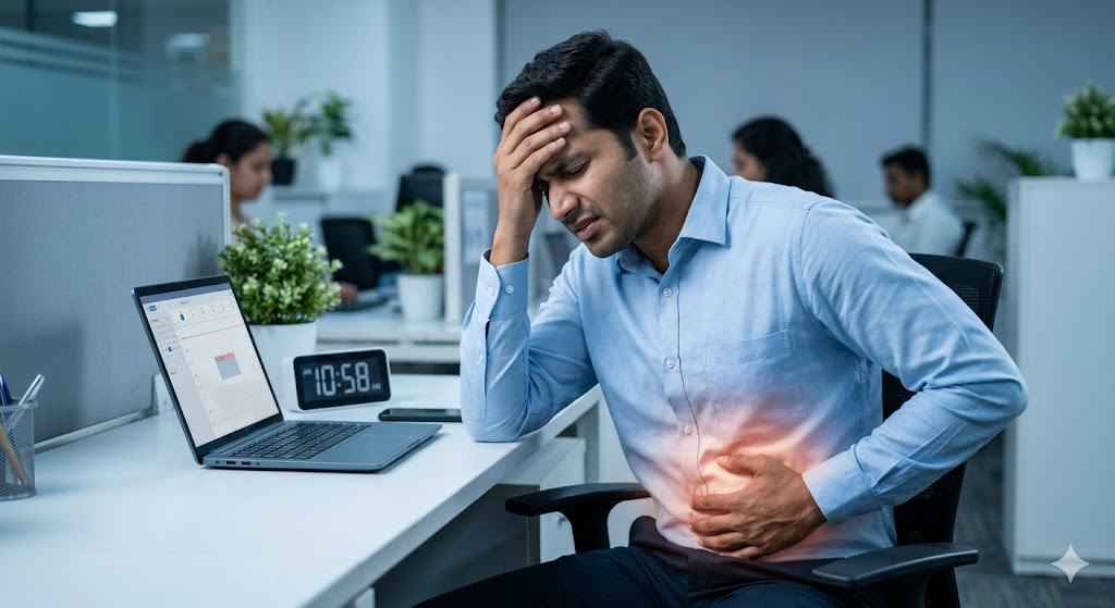 Stressed IT professional experiencing stomach pain before a performance appraisal, illustrating stress-induced IBS, anxiety-related digestive symptoms, and the brain-gut connection.