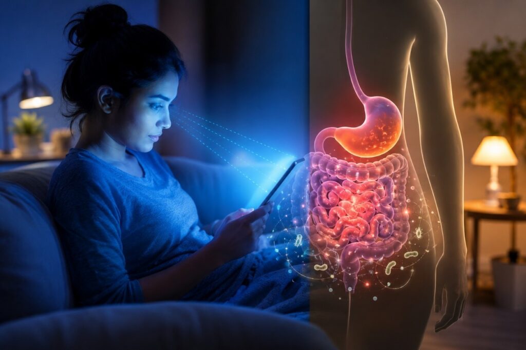 Professional using a smartphone and laptop late at night while experiencing bloating and digestive discomfort caused by excessive screen time and blue light exposure.