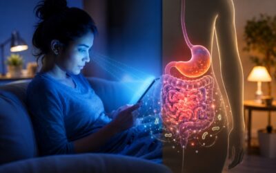 Professional using a smartphone and laptop late at night while experiencing bloating and digestive discomfort caused by excessive screen time and blue light exposure.