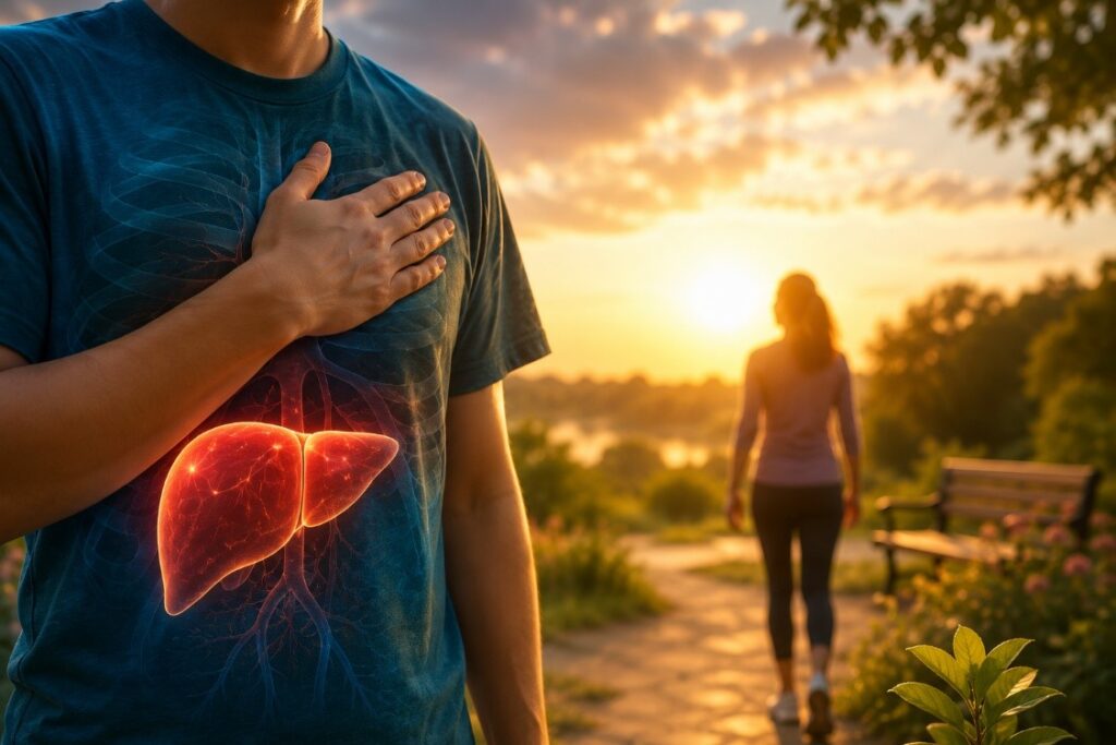 Liver transplant recipient recovering at home while reviewing a recovery journal, symbolizing emotional healing, physical recovery, and renewed health after transplant surgery.