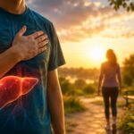 Liver transplant recipient recovering at home while reviewing a recovery journal, symbolizing emotional healing, physical recovery, and renewed health after transplant surgery.