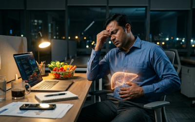 Medical illustration showing a highlighted liver with subtle signs of damage, representing early liver disease that often develops without noticeable symptoms.