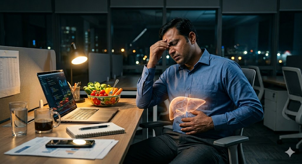 Medical illustration showing a highlighted liver with subtle signs of damage, representing early liver disease that often develops without noticeable symptoms.