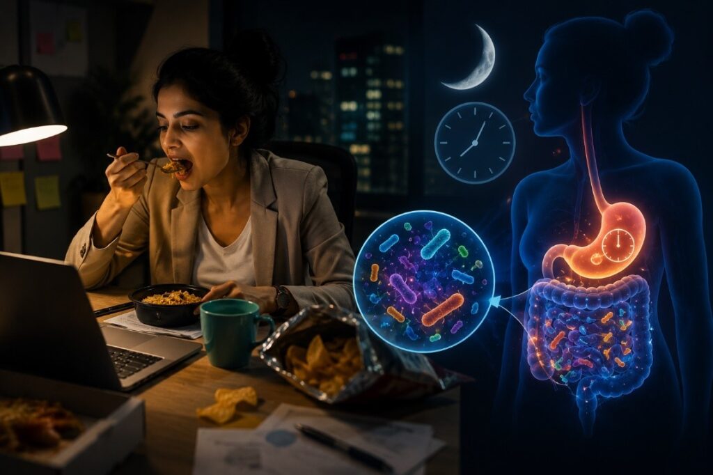 IT professional eating a late-night dinner in Hinjewadi Pune, showing how late-night meals can disrupt gut microbiome health, cause acid reflux, bloating, and affect liver function.