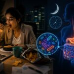 IT professional eating a late-night dinner in Hinjewadi Pune, showing how late-night meals can disrupt gut microbiome health, cause acid reflux, bloating, and affect liver function.