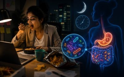 IT professional eating a late-night dinner in Hinjewadi Pune, showing how late-night meals can disrupt gut microbiome health, cause acid reflux, bloating, and affect liver function.