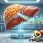 Digital health concept showing AI-guided nutrition planning alongside a healthy liver illustration, representing personalized treatment for fatty liver disease.