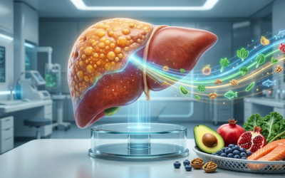 Digital health concept showing AI-guided nutrition planning alongside a healthy liver illustration, representing personalized treatment for fatty liver disease.