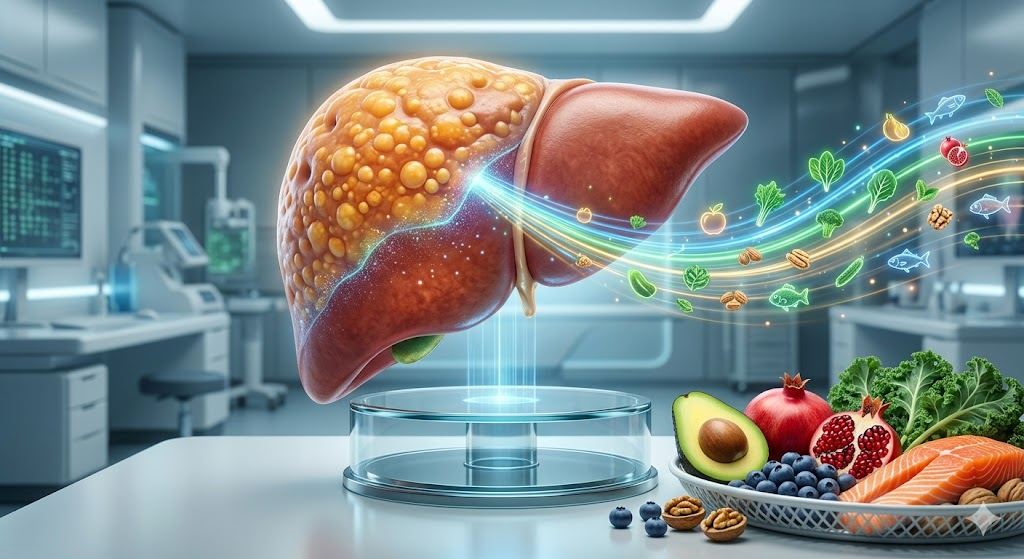 Digital health concept showing AI-guided nutrition planning alongside a healthy liver illustration, representing personalized treatment for fatty liver disease.
